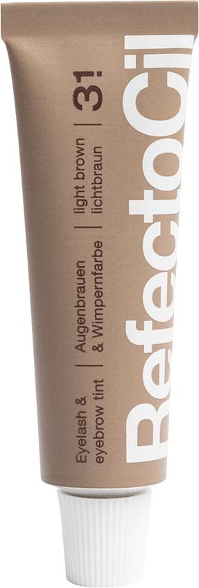 Ein beiger Tuben mit der Aufschrift "Raffected!" und Text zu Augen-/Augenbrauentönung, mit weißem Deckel.