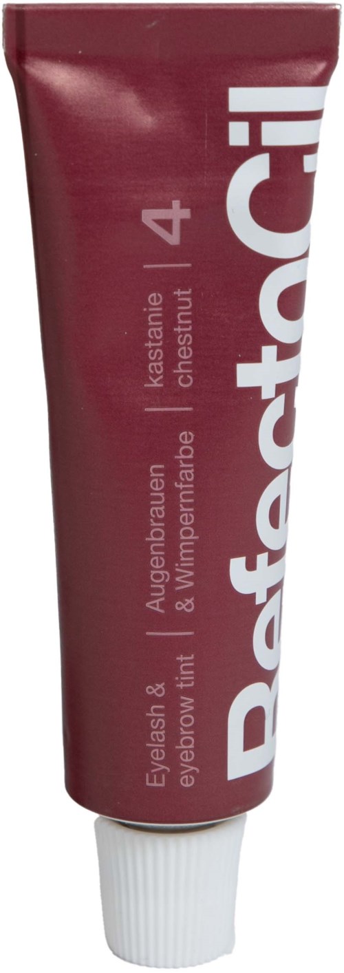 Rood tube oogbrauwcrème met witte tekst die merknaam en productbeschrijving toont.