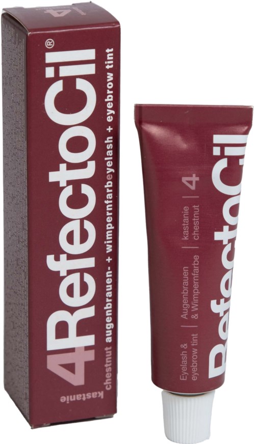 Een tube en doos Rfectocil wenkbrauwverf, rood, met tekst over ingrediënten en gebruik.