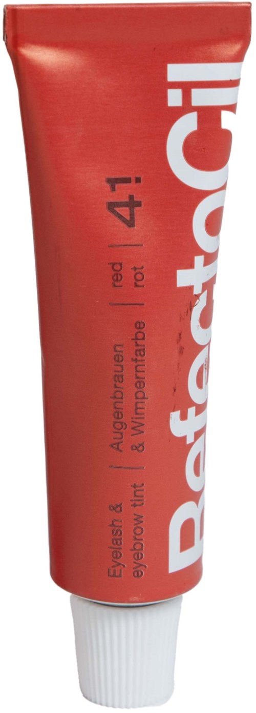Rode tube met Radefaclight oog- en wenkbrauwgel, met witte dop, gemarkeerd voor oog en wenkbrauwen.