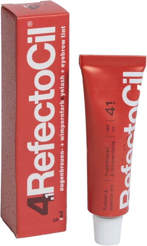 Rood doos en tube van wenkbrauwverf gel met witte tekst en logo, product beschreven als 4Refectoch.