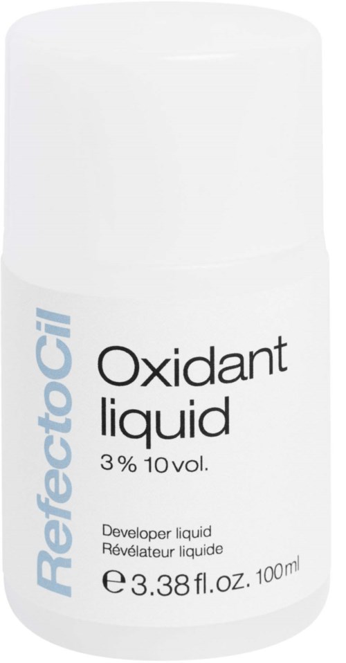 Ein weißer Behälter mit RefectoCil Oxidant liquid, 3% 10 vol., 100ml. Für Wimpernfärbung.
