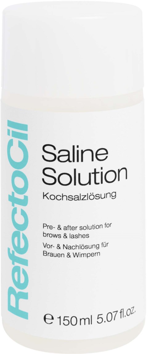 Een witte fles met Refectocil Saline Solution voor wenkbrauwen en wimpers, 150 ml.