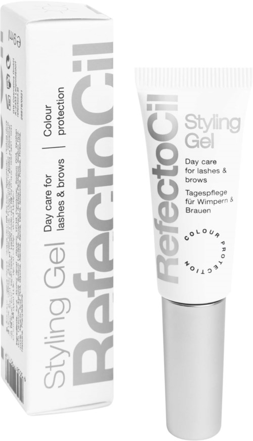 Eine weiße Tube RefectoCil Styling Gel neben der Verpackung, für die tägliche Pflege von Wimpern und Augenbrauen.
