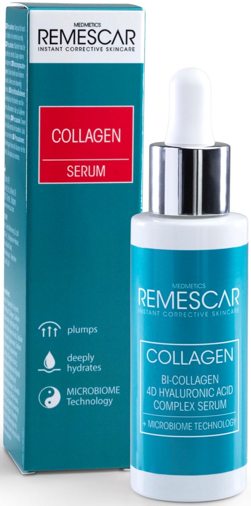 Een witte fles met pipet en blauwe label, naast een doos met de tekst "Remescar Collagen Serum."