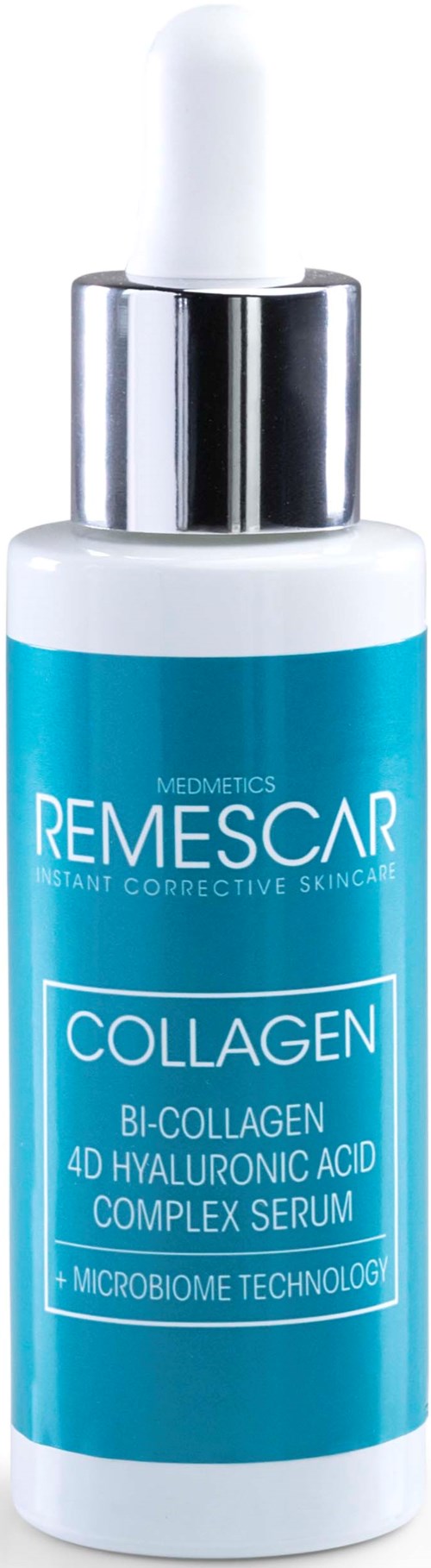 Een witte en blauwe fles huidverzorgingsserum met pipetdop, labeled "REMESCAR COLLAGEN" met collageen ingrediënten.