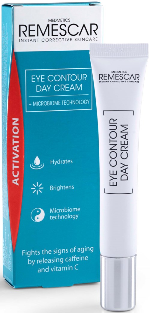Een doos en tube oogcrème die hydrateert, oplicht en veroudering bestrijdt met microbiome-technologie en vitaminen.