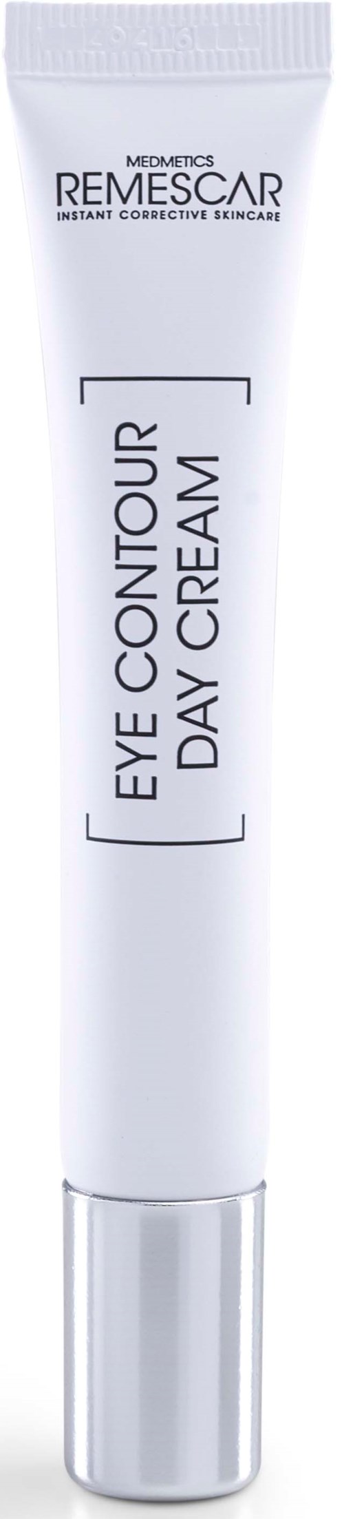Een witte tube oogcontour dagcrème met zwarte tekst en een zilveren deksel.