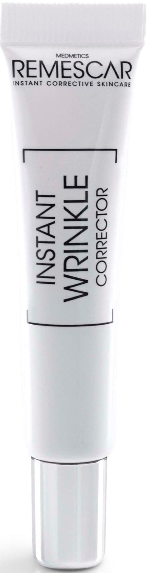 Een witte tube met de tekst 'Instant Wrinkle Corrector' in zwart en grijs, van Remescar, tegen een zwarte achtergrond.