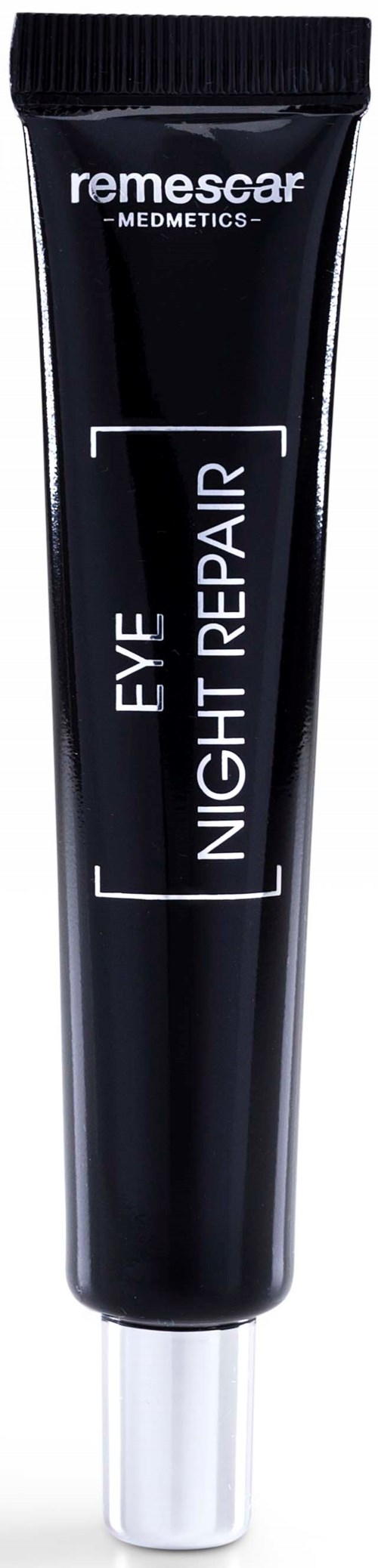 Een zwarte tube met 'Eye Night Repair' van Remescar Medmetics. Gebruikt voor huidverzorging rond de ogen 's nachts.