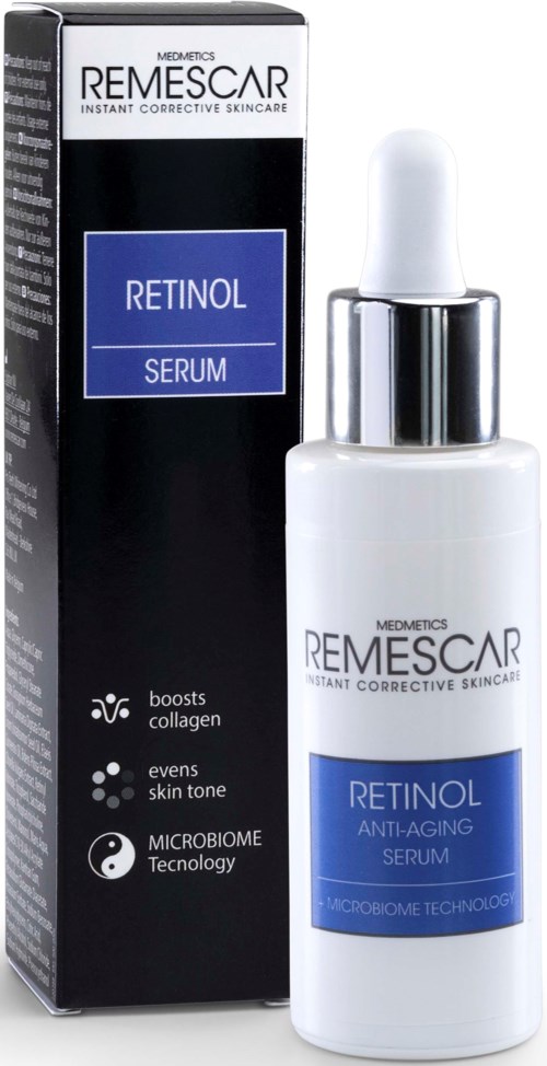 Een witte fles Retinol Serum met pipet, naast zijn zwarte en witte doos met Remescar.