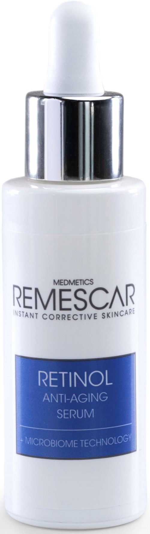 Witte fles met druppelaar, label Retinol Anti-Aging Serum van Remescar.