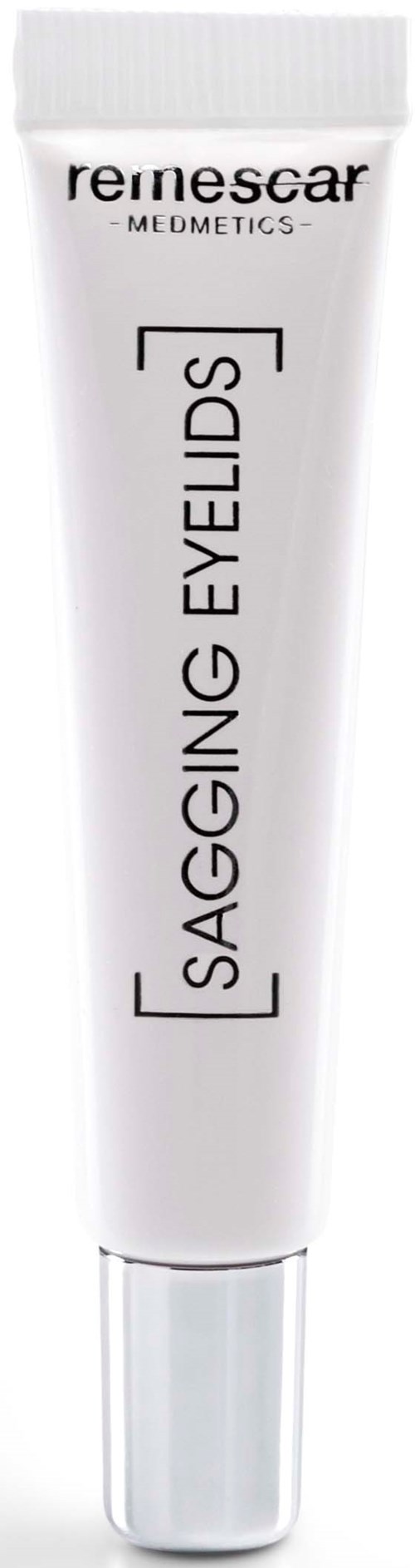 Witte tube met 'SAGGING EYELIDS' en merknaam 'Remescar' bovenaan.