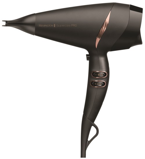 A black hair dryer with control buttons and a curling feature, designed for styling hair.