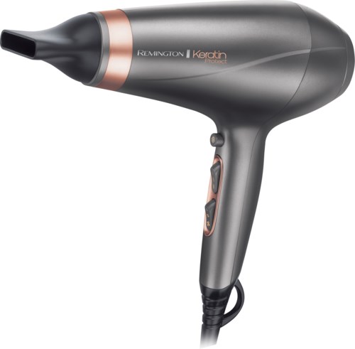 A gray hair dryer with black and rose gold accents, plastic body, and buttons on the handle.