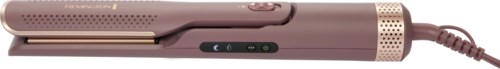 A rose gold flat iron with a power cord, buttons, and vents on the handle, used for styling hair.