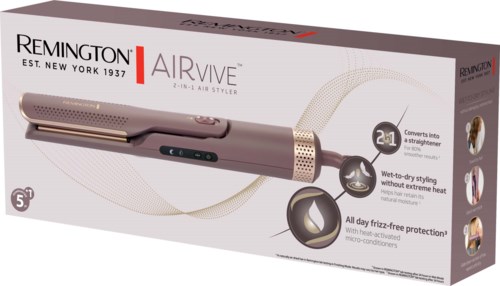 Remington AIRvive 2-in-1 hair styler with styling tools, highlighting features like straightening, heat protection, and dry styling.