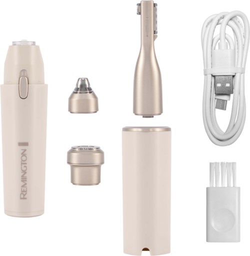 Elektrisk trimmer med avtakbar skjeggshode, USB-kabel, batteri og tilbehør i kremfarge.