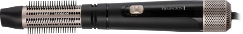 A black hair styling tool with a metal vented section and a switch in the middle.