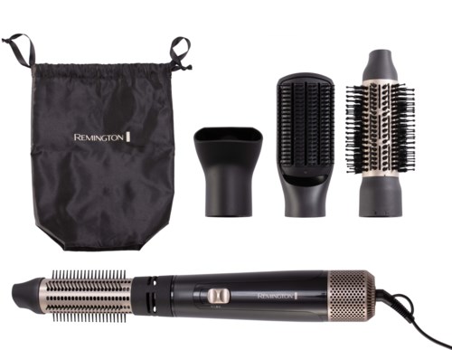 A hair dryer with three different attachments, a black bag, and a power cord.