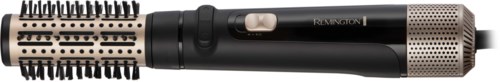 A curling iron with a black handle, a gold barrel, and a silver end cap. It has a switch and brand mark.
