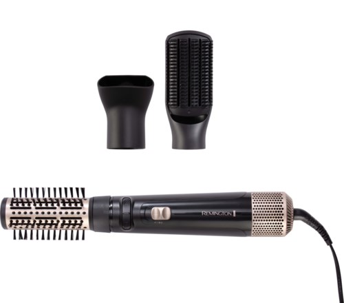 A hair styling tool with a round brush barrel, a black handle, and two different black attachments.