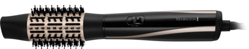 A black and beige blow dryer brush with a handle, buttons, and a rotating barrel for styling hair.