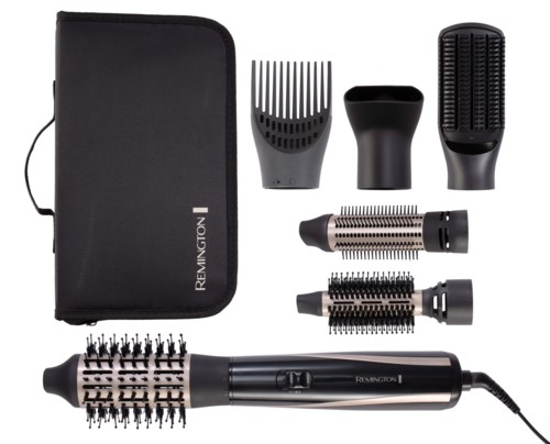 A hair styling kit with a curling brush, multiple different attachments, and a storage case.