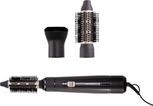 A heated curling brush with a handle, two detachable round brush attachments, and a power cord.
