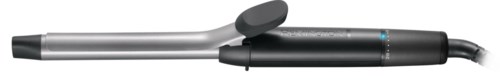 A curling iron with a handle, clamp, and cord, used for styling hair. The device is silver and black.