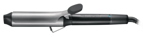 A curling iron with a black handle and a silver barrel for styling hair.
