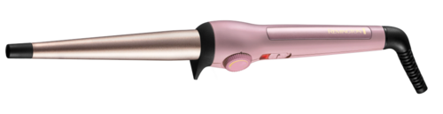 A pink curling iron with a black handle and cord, designed for styling hair.