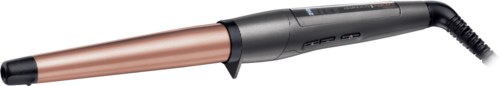 A professional curling iron with a black body and a rose gold heated barrel.