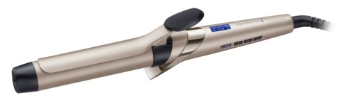 A curling iron with a digital display and a clip, used for styling hair.