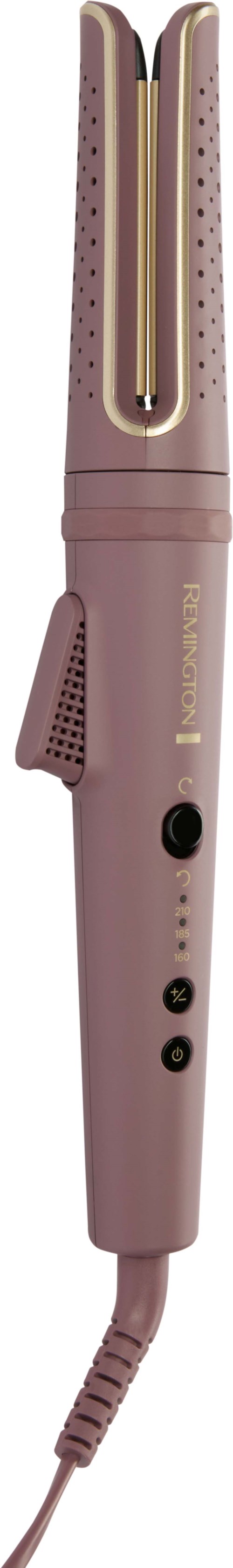 A pink hair straightener with a gold plate and multiple control buttons on the handle.