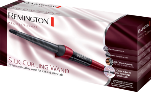 A box shows a professional curling wand with a digital temperature display, black and red design, and key features listed.