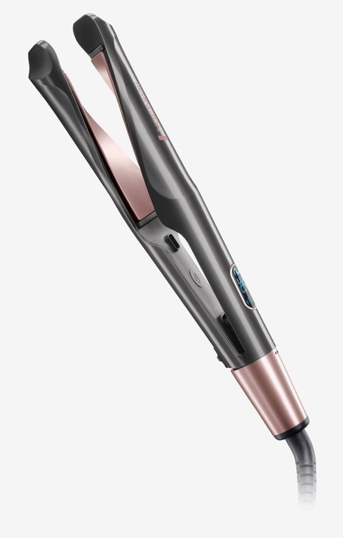 A hair straightener with black and rose gold colors, cord attached, and digital control buttons.