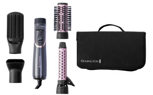 A set of hair styling tools including a brush, two curling barrels, a straightener, and a black carrying case.