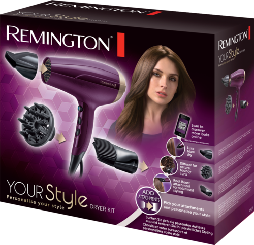 Remington hair dryer kit with attachments, woman with long hair, purple packaging, and styling features.