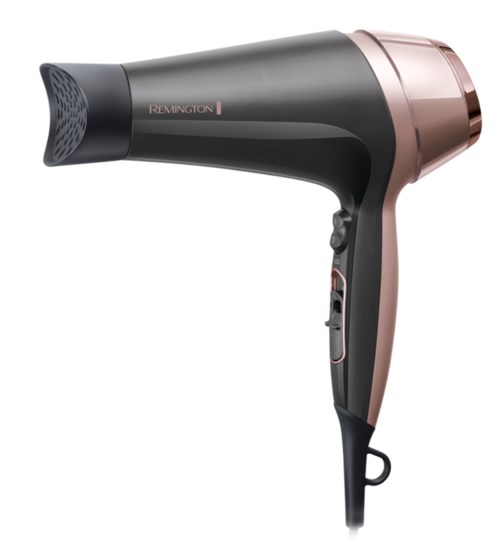 A black and rose gold Remington hair dryer with buttons on the handle.