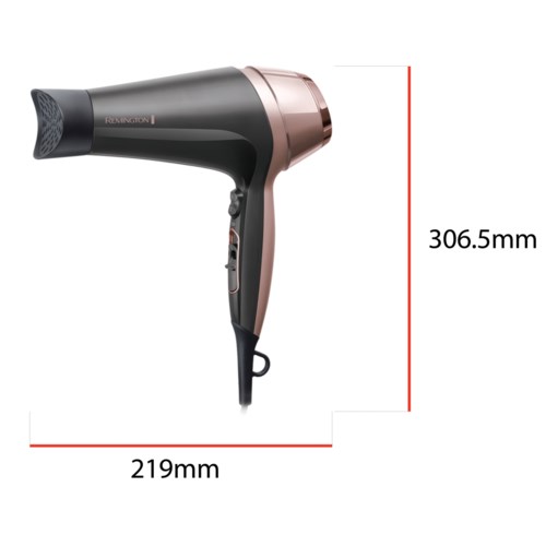 A black and pink hairdryer with a long handle, buttons on the side, and dimensions 219mm by 306.5mm.