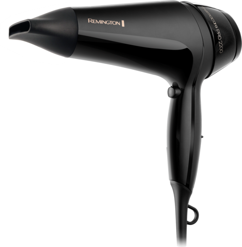 A black hair dryer with a handle and a nozzle, branded Remington, designed for drying hair.