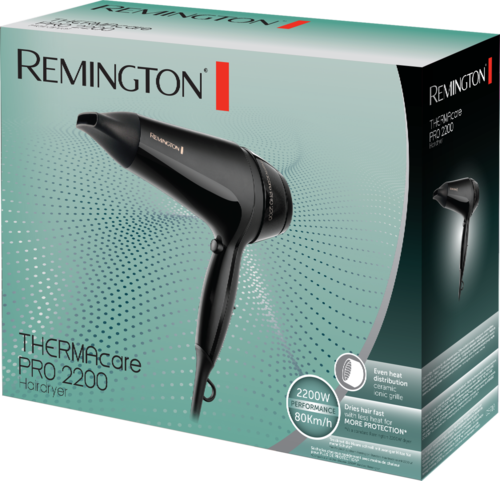 Box for a Remington hair dryer, black device shown on the front, with product details and logo.