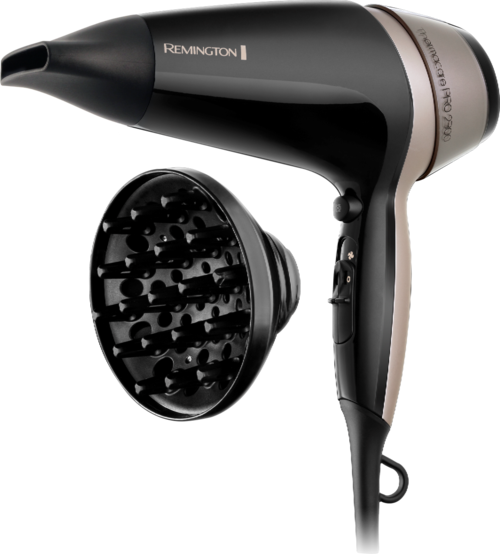 A Remington hair dryer with black and beige colors, large nozzle, and a diffuser attachment.