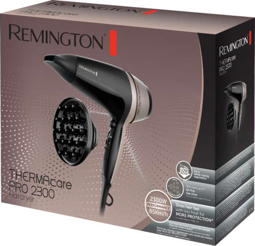 The box shows a black hair dryer with a diffuser attachment, labeled Remington Thermacare PRO 2300, for styling and fast drying.