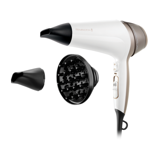 A white and black hair dryer with two removable attachments, one wide and one narrow. It has buttons on the handle.