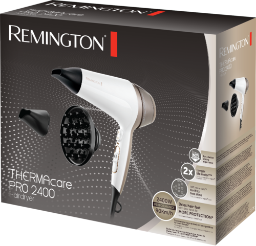 Box with a white hairdryer, black nozzle, and accessories; branded "Remington" with specifications for hair drying.
