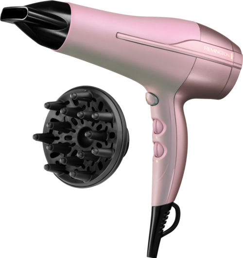 Violetin värinen föönin, jossa on musta ilmakuivaussuutin ja useita pienkilähdetyökaluja.