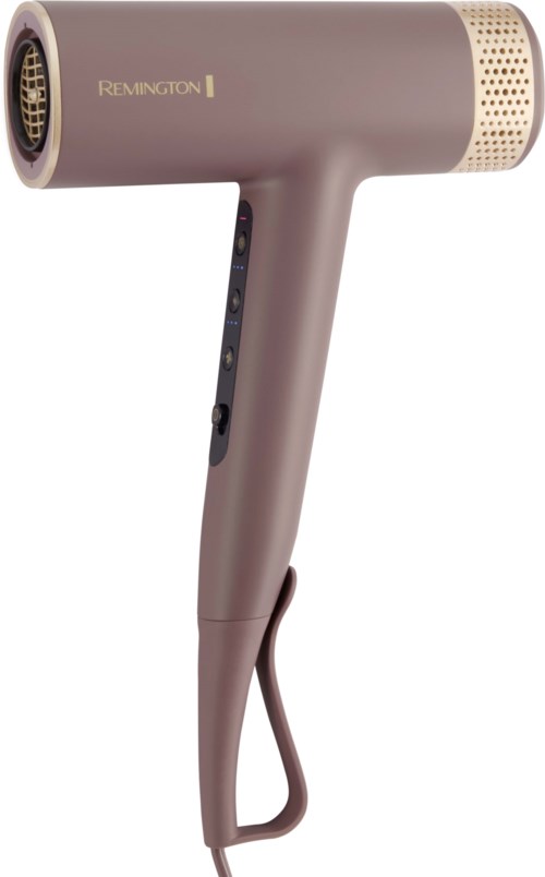 A beige Remington hair dryer with a handle and control buttons, designed for drying hair.