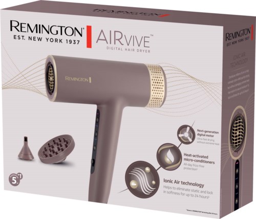 Remington AirVive hair dryer with digital features and heat-activated micro-conditioners.